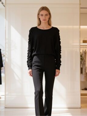 Alfani Black Ruched Sleeve Knit Top Crewneck Long Sleeve Size L
